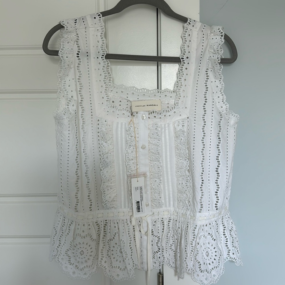 Loeffler Randall Arden Scalloped Embroidery Cotton Top Sz Small